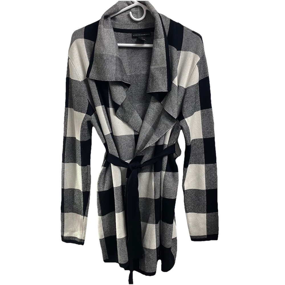 Grace Elements Women's Black& White Checkered, Belted Cardigan  Wrap‎ Sz.L EUC